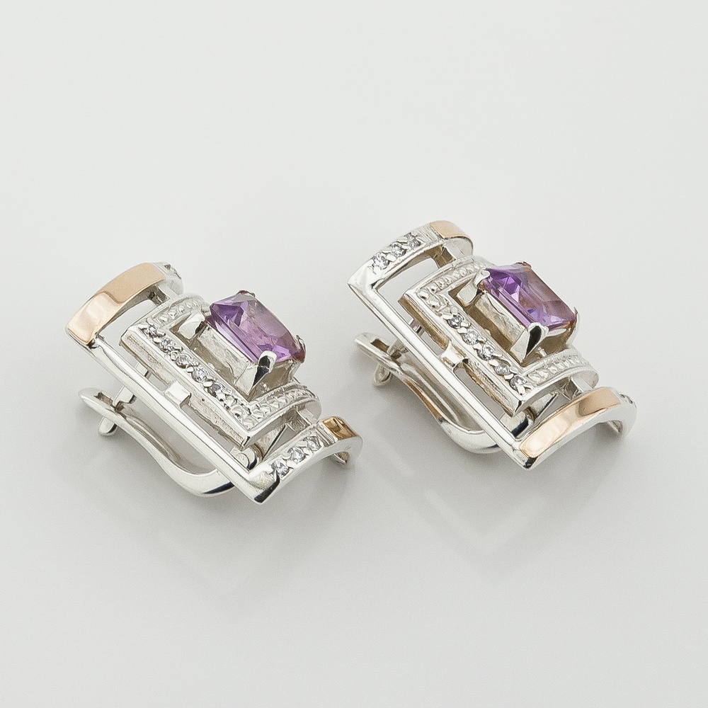 Срібні сережки Квадрати з фіолетовими фіанітами із золотими накладками с2640фл