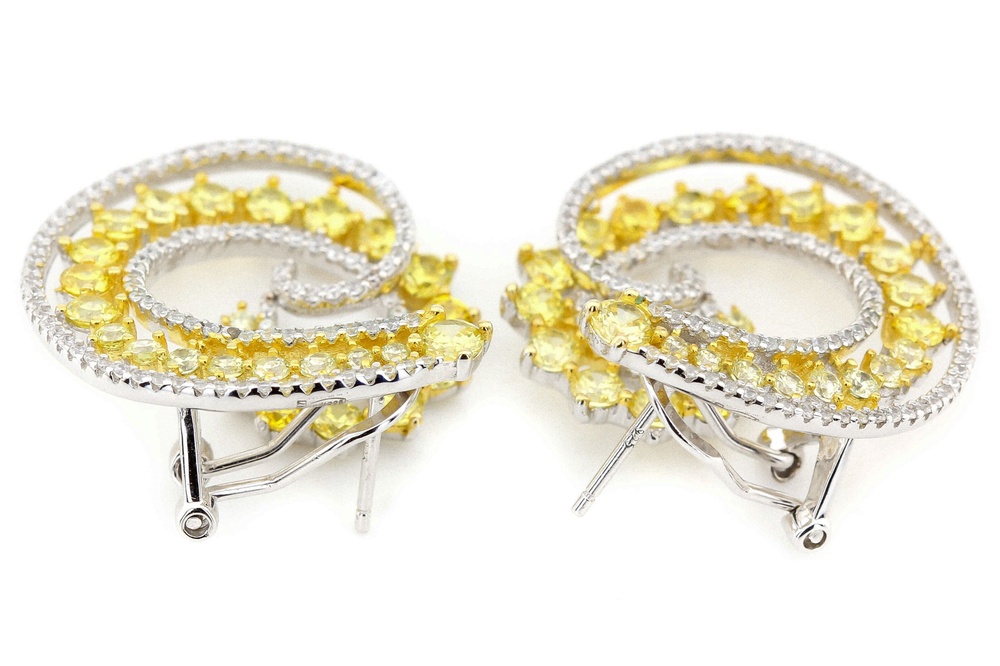Срібні сережки спіральні з жовтими фіанітами СС12056, Білий|Жовтий