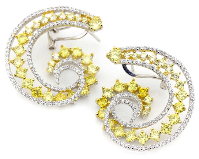 Срібні сережки спіральні з жовтими фіанітами СС12056, Білий|Жовтий