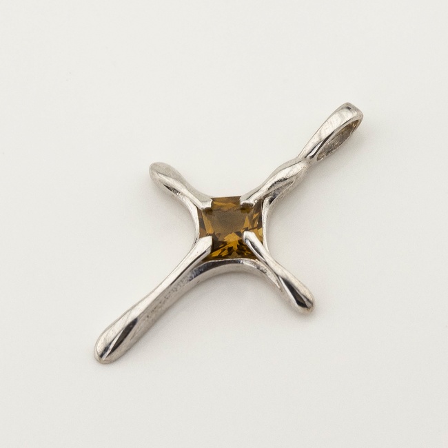 Золотой крестик тонкий с бренди топазом 131101btop, Коричневый