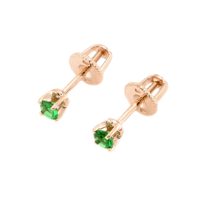 Классические золотые серьги-гвоздики с зелеными фианитами 12709з, Зеленый