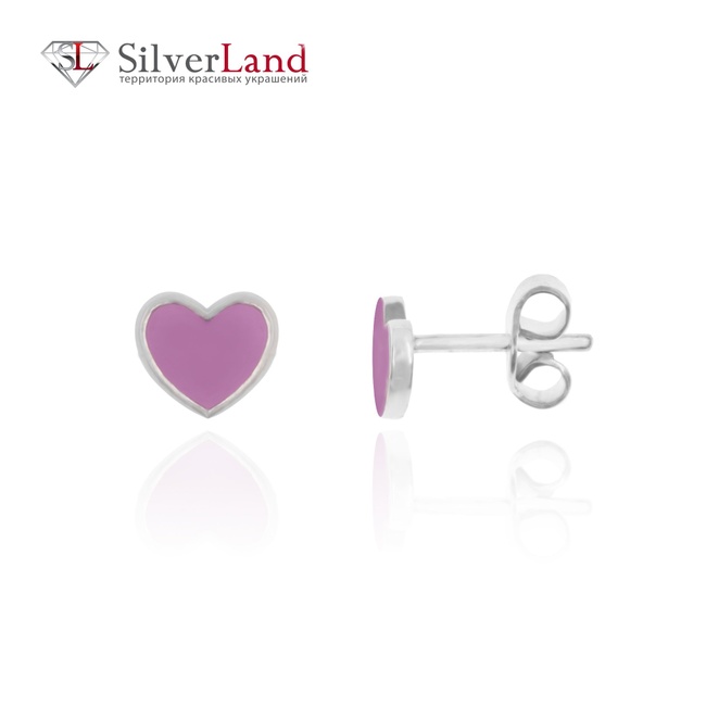 Серебряные серьги-гвоздики пусеты в форме Сердца с розовой эмалью Арт. Msp012, Розовый