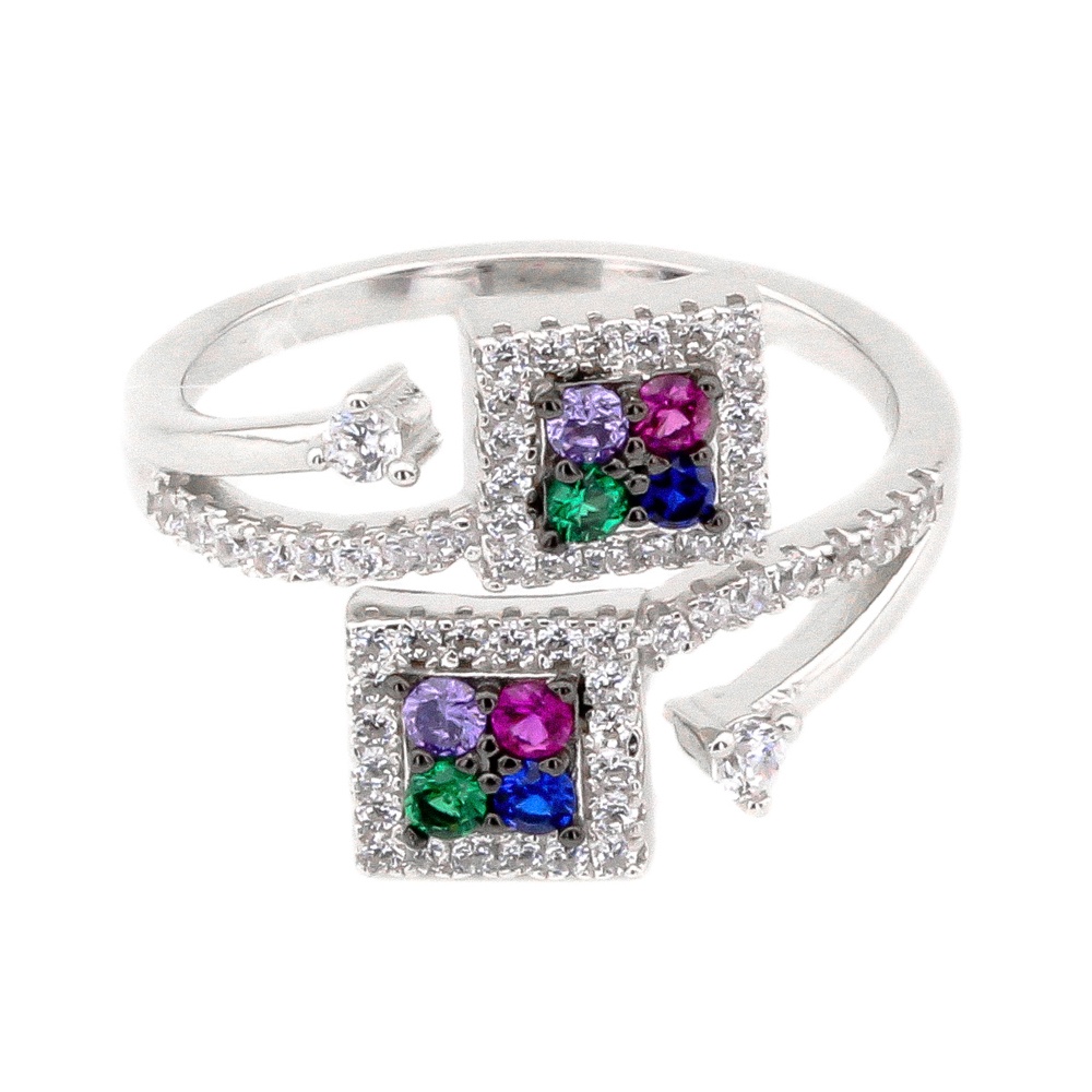 Серебряное кольцо Два квадрата с цветными фианитами K11615-2, 17,5 размер, 17-5, Разноцветный