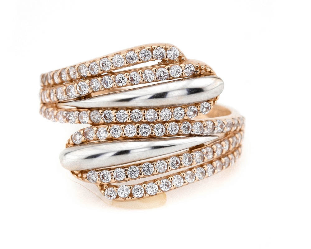 Золотое кольцо с белыми фианитами Широкая спираль КК11208, 18,5 размер, 18-5, Белый