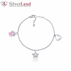 Срібний браслет-ланцюг Лапка з серцем з рожевою емаллю із іркою для дівчинки (17) Арт. 5596uub1