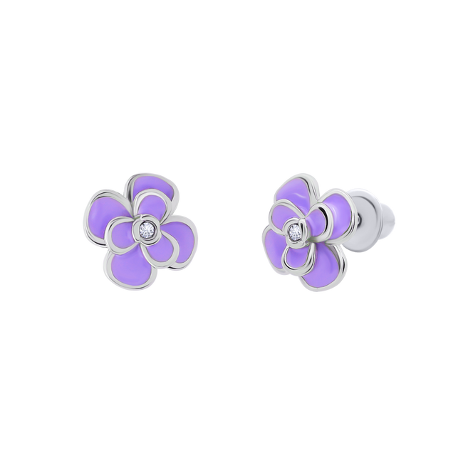 Дитячі сережки Піон з фіолетовою емаллю та фіанітами 2195546006130501, Фіолетовий, UmaUmi Flowers