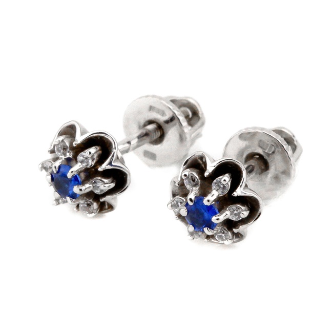 Сережки-пусети з білого золота Квітка з синьою шпинелью та фіанітами 12795, Синій|Білий