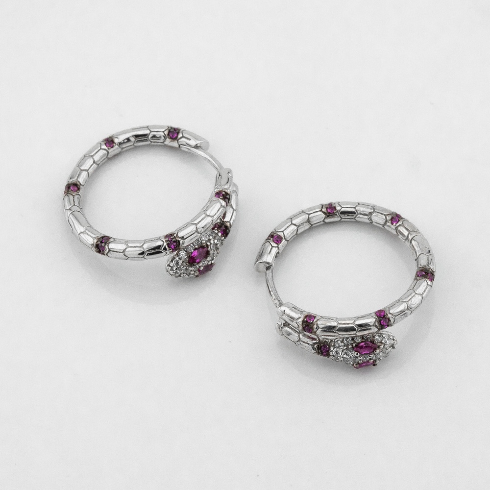 Срібні сережки-кільця Змійки з рожевими фіанітами c121666, Рожевий