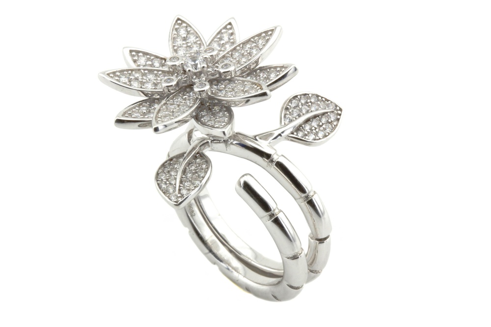 Серебряное кольцо-трансформер с шарниром Цветы листики с фианитами СК11038, 17 размер, 17, Белый