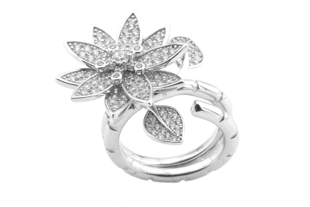 Серебряное кольцо-трансформер с шарниром Цветы листики с фианитами СК11038, 17 размер, 17, Белый