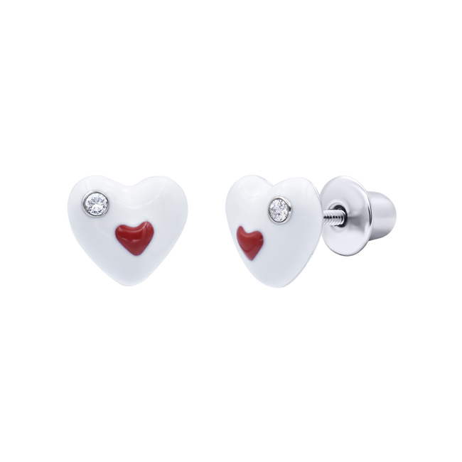 Дитячі сережки пусети Серце в сердечку Сваровські з емаллю біло-червоні срібло (6х7) Арт. 5569uup