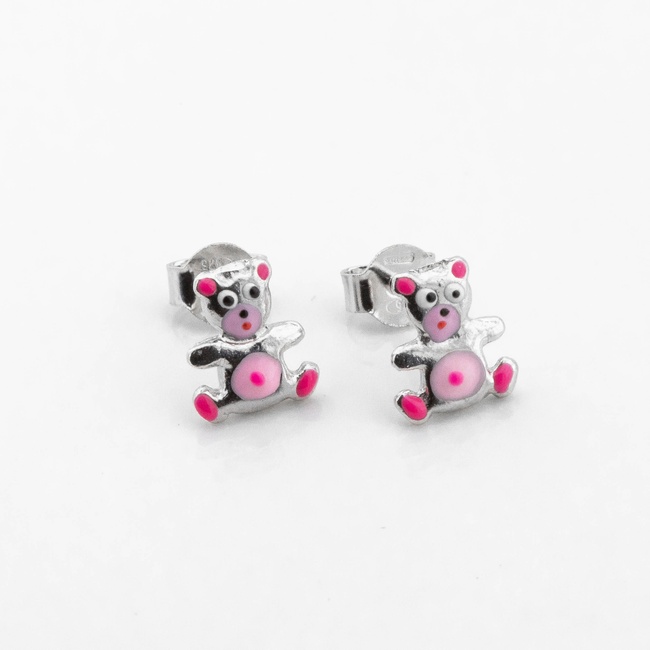 Детские серебряные серьги-пусеты Мишка розовый с эмалью c121642, Розовый