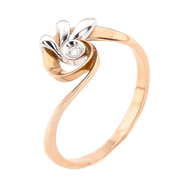 Золотое кольцо фигурное завитком с бриллиантом RO02712, 18,5 размер