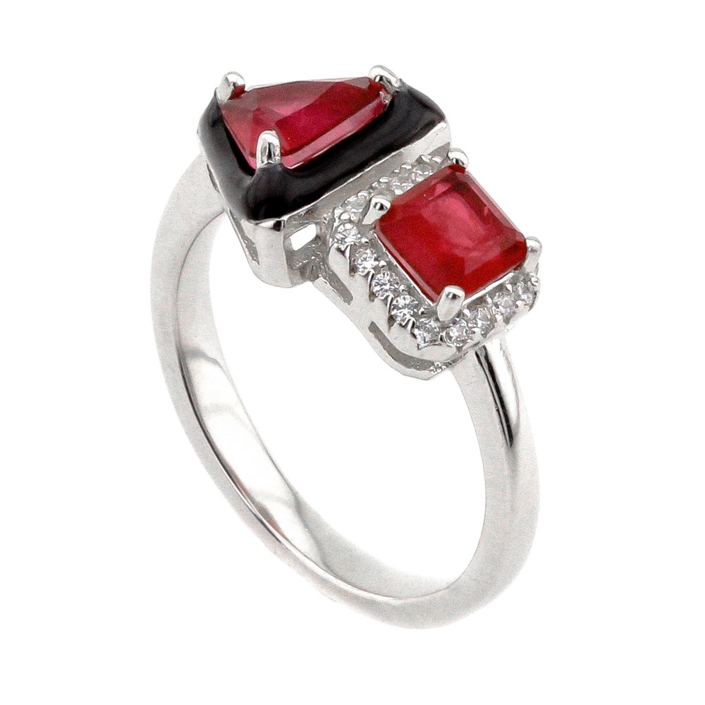Серебряное кольцо с красными фианитами треугольник квадрат K11723к, 17 размер