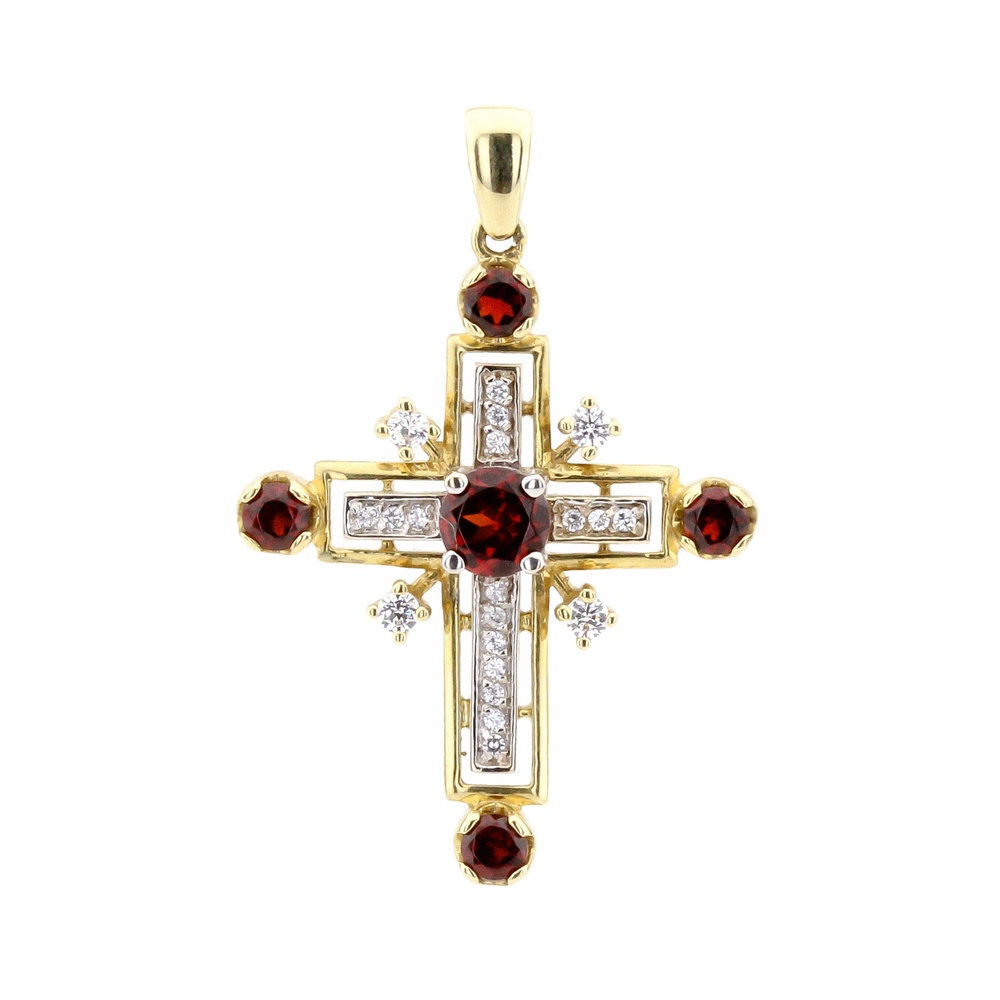Хрестик з жовтого золота з гранатами та фіанітами 13104-1, Червоний