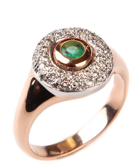 Золотое кольцо перстень Кружок с бриллиантами и изумрудом 11023, 19 размер