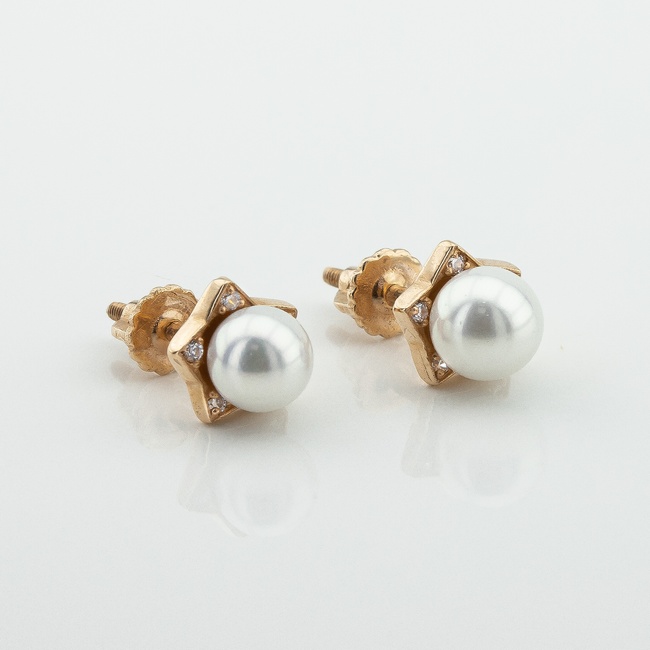 Золоті сережки-пусети з перлами та фіанітами 12983-1