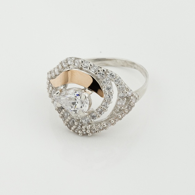 Серебряное кольцо с фианитами с золотыми накладками к705ф, 17,5 размер