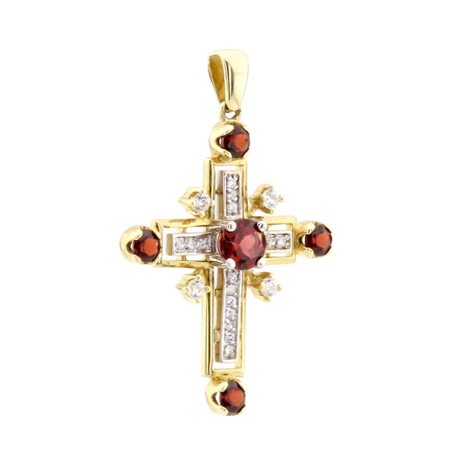 Крестик из желтого золота с гранатами и фианитами 13104-1, Красный