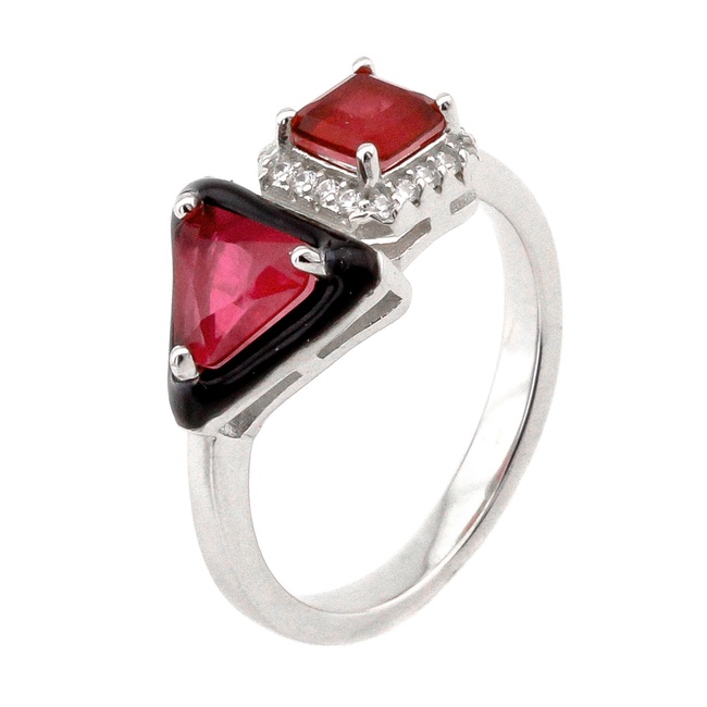 Серебряное кольцо с красными фианитами треугольник квадрат K11723к, 17 размер
