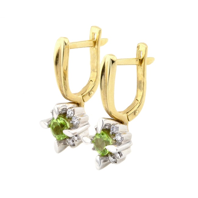 Класичні золоті сережки з зеленим хризолітом та фіанітами 12771-3chr, Зелений