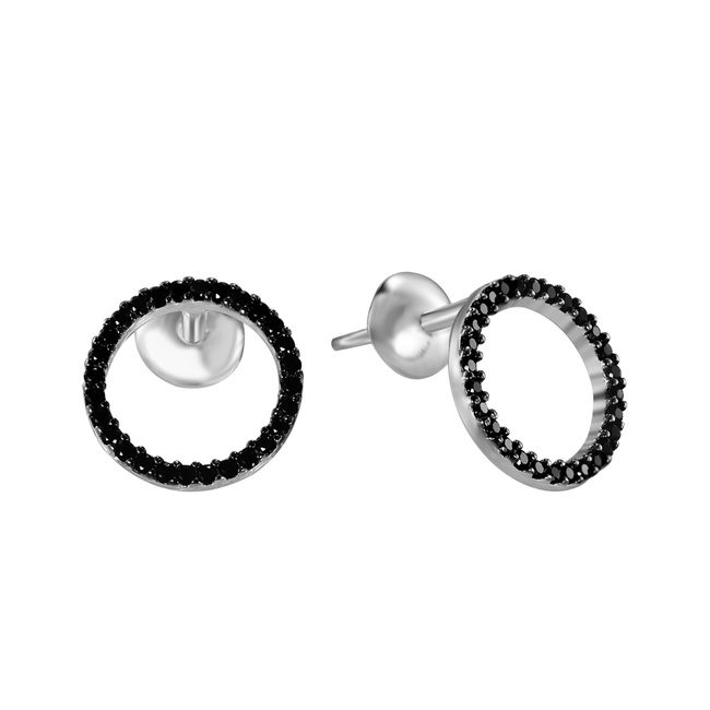 Срібні сережки пусети (гвоздики) Кола геометрія з чорними фіанітами (1 см) 923483.1_ch-H, Чорний