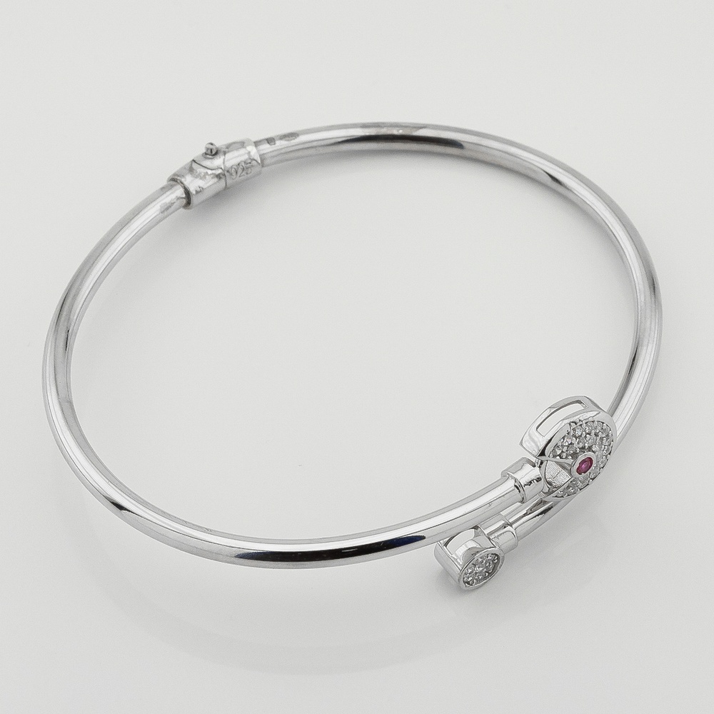Жесткий тонкий серебряный браслет спираль с розовім фианитом b15860