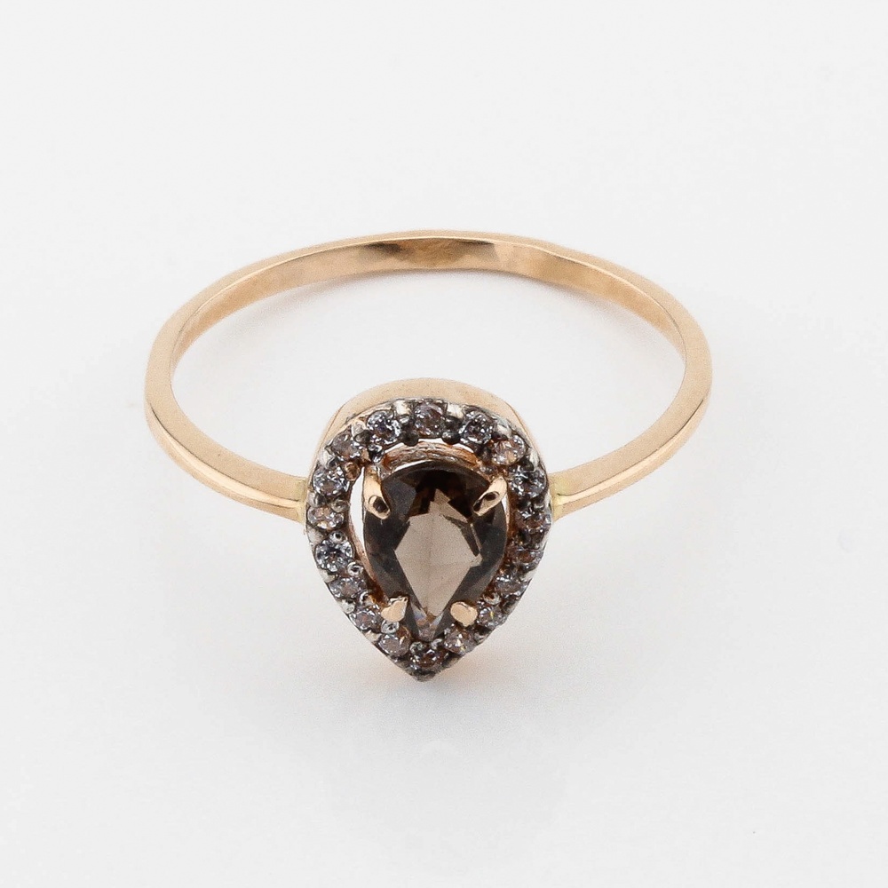 Золотое кольцо Капля с дымчатым кварцем и фианитами 11908sq, 16 размер