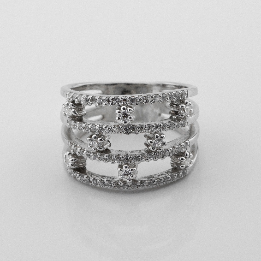 Серебряное кольцо широкое Четыре дорожки с белыми фианитами 11740-4, 16 размер