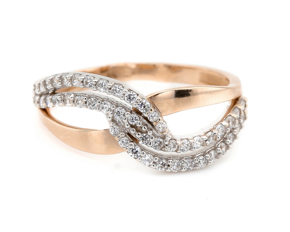 Золотое кольцо с белыми фианитами две дорожки волной КК11082, 17,5 размер, 17-5, Белый