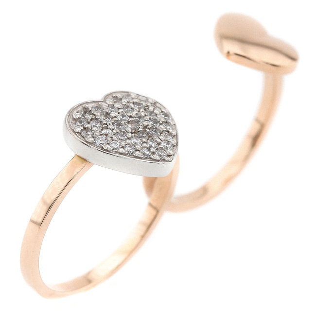 Золотое кольцо "Два сердца" с фианитами (на два пальца) 11956, 17,5 размер