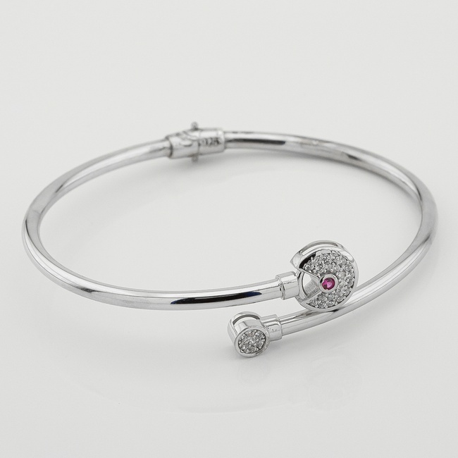 Жорсткий тонкий срібний браслет спіраль з розовим фіанітом b15860