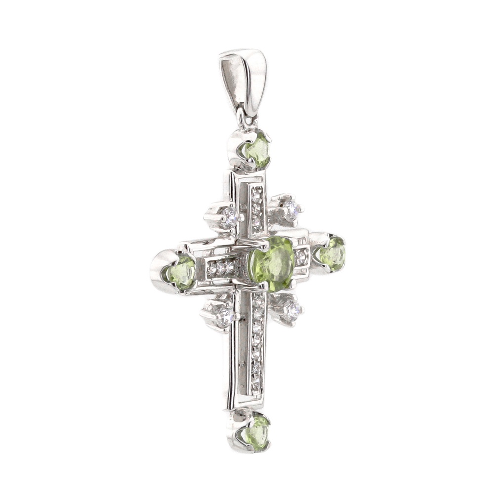 Хрестик з білого золота з зеленими хризолітами та фіанітами 13104-3, Зелений