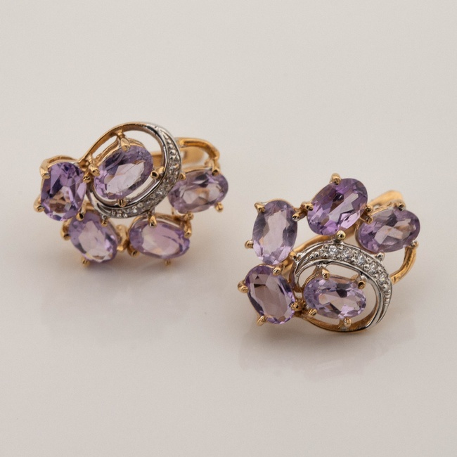 Золоті сережки з аметистами овал та фіанітами 12712am, Фіолетовий