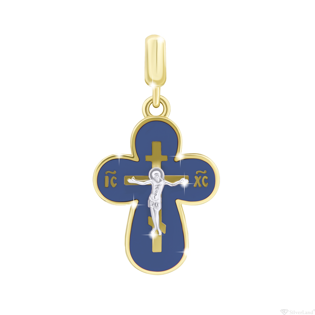 Детский крестик золотой с бриллиантом и синей эмалью (370565820312)