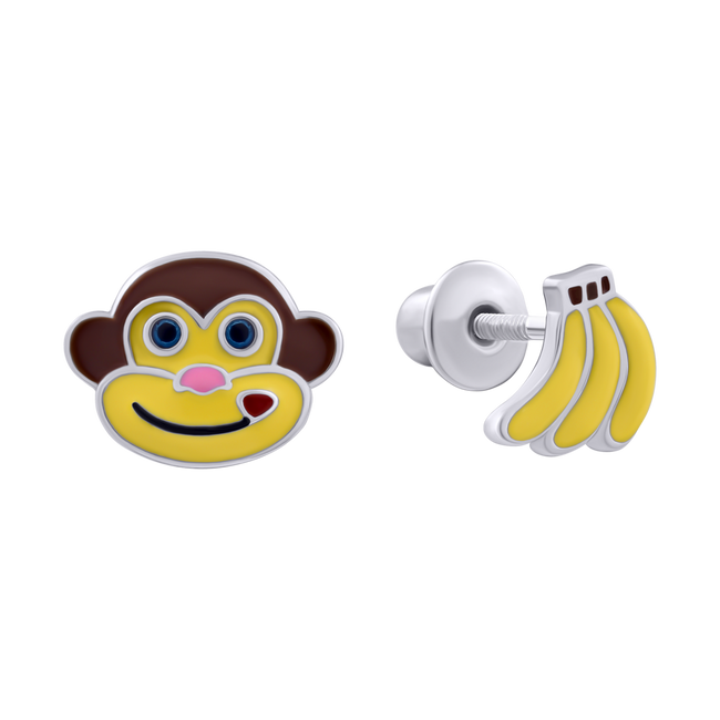 Детские серебряные сережки гвоздики Обезьянка с бананами желтые с эмалью 2105714006050501, Желтый, UmaUmi Zoo