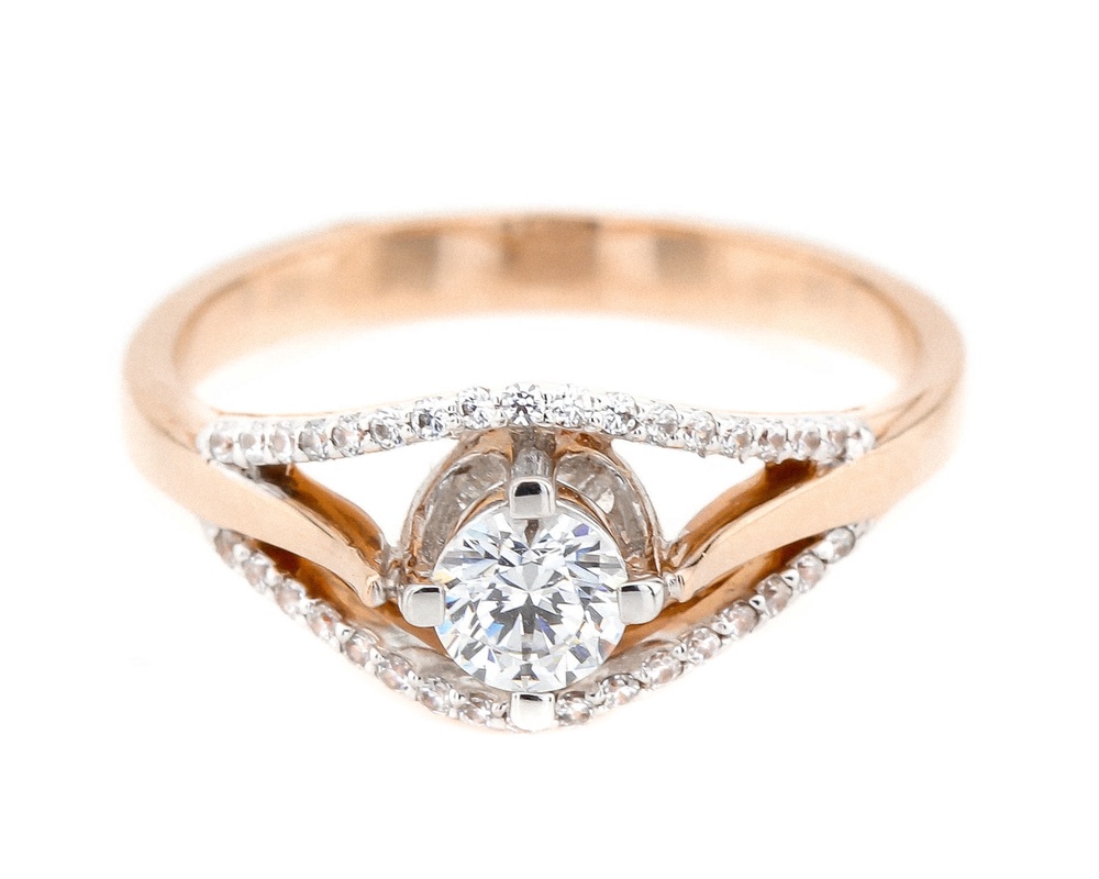 Золотое кольцо с выступающим камнем с фианитами КК11115, 17,5 размер, 17-5, Белый