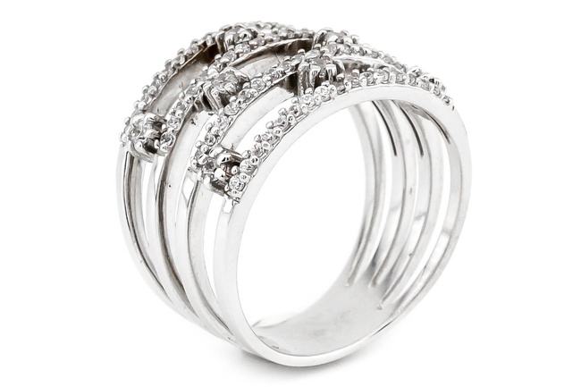 Широкое кольцо из белого золота 585 с белыми фианитами КК11368, 17 размер, 17, Белый