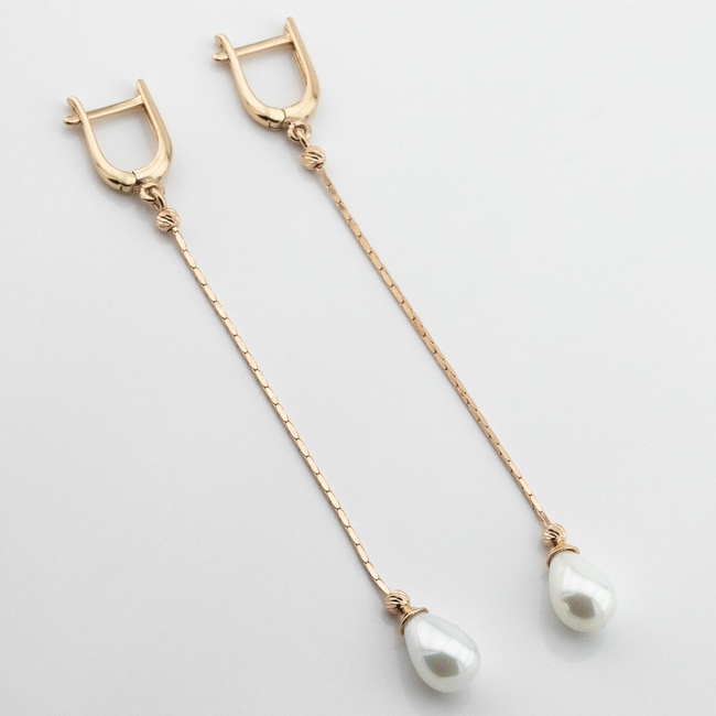 Довгі золоті сережки з перлами Крапля на ланцюгу c121745, Білий