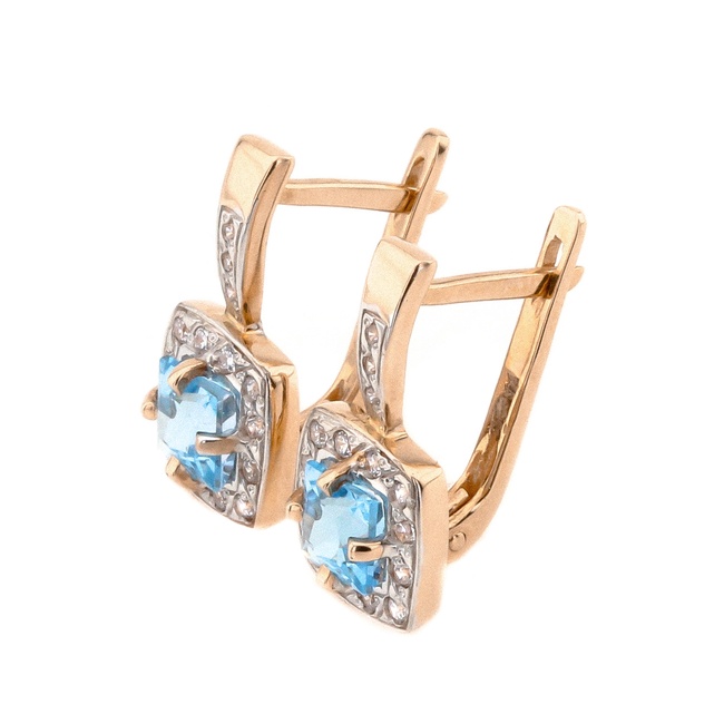 Золоті класичні сережки Квадрати з топазами та фіанітами з англійською застібкою 121034top, Блакитний