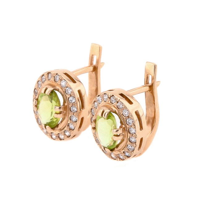 Золоті сережки круглої форми з зеленим хризолітами овал та фіанітами 12917chr, Зелений