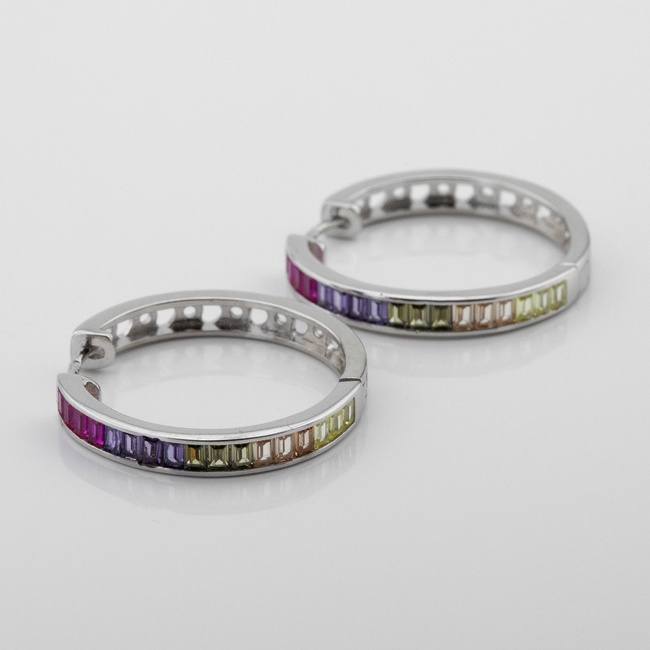 Срібні сережки-кільця з кольоровими фіанітами c121460-2