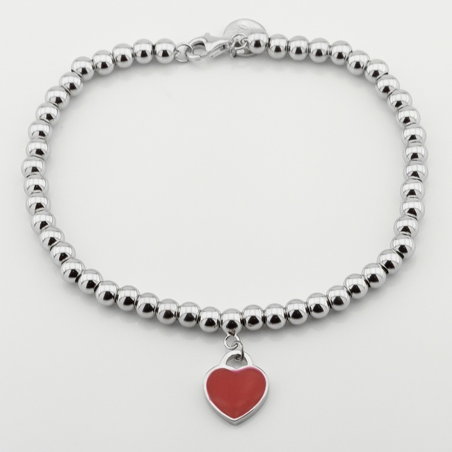 Срібний браслет м'який кульки Сердечко з емаллю (червоний) b15914, 16 розмір