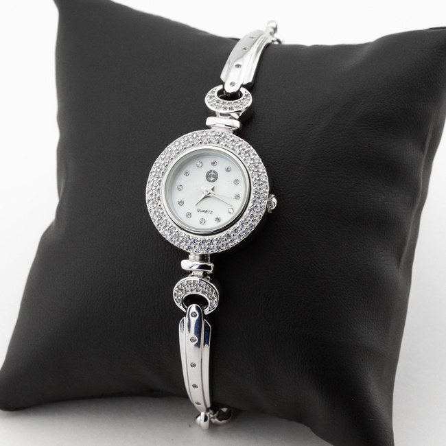 Серебряные часы женские с белыми фианитами (круглые) watch014, Белый