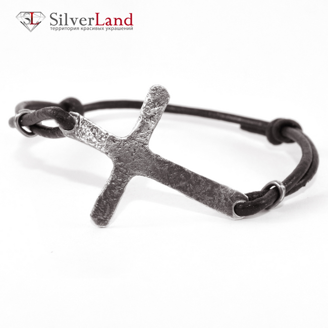 Браслет-шнурок из черной кожи с крестом из черненого серебра "EJ Just cross" Арт. 4020/EJ