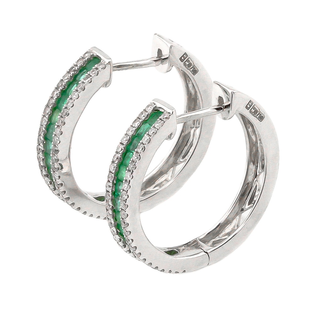 Золоті сережки-кільця білі зі смарагдами та діамантами КР21410, Зелений