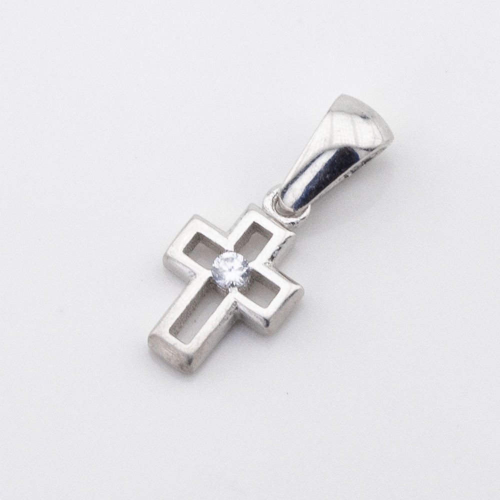 Серебряный маленький крестик квадратный с белым фианитом P13763, Белый