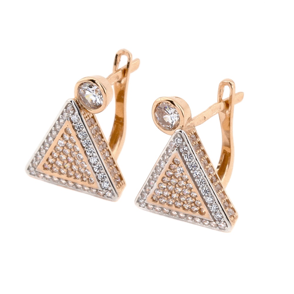 Золоті сережки "Трикутники в каменях" з білими фіанітами з англійським замком C121028, Білий