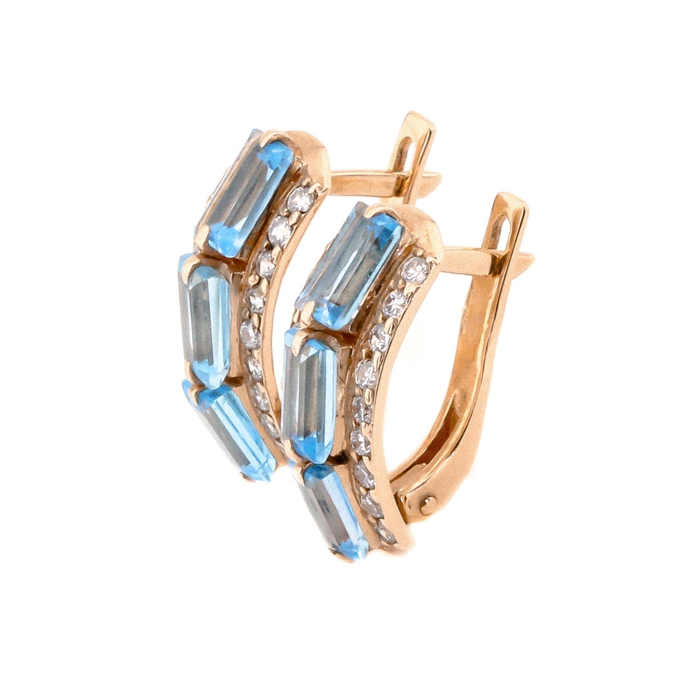 Золоті сережки-доріжки багет з топазами та фіанітами 12918top, Блакитний