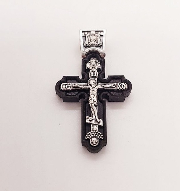 Деревянный Крест 34 Распятие Христа (Спаси и Сохрани) с серебром чернением (эбеновое дерево) 2064-IDE